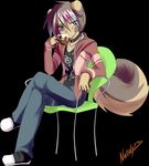  chair clothing collar cup dog ear_piercing earring girly hair jacket jeans kukki long_tail male mammal multi-colored_hair nataly-b pants piercing ponytail shirt sitting spots tail 