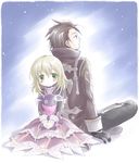  1girl alvin_(tales) back-to-back blonde_hair blush brown_hair coat creature dress elize_lutus frills gloves green_eyes mizuna_tomomi pants profile short_hair sitting tales_of_(series) tales_of_xillia teepo_(tales) 