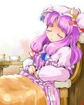  blanket bow capelet chair closed_eyes crescent cup hair_bow hat kanoe_soushi long_hair patchouli_knowledge purple_hair sitting sleeping sleeping_upright solo table teacup touhou 