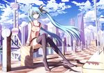  aqua_eyes aqua_hair boat building china city cityscape cloud hatsune_miku langjiao long_hair shanghai shoes sitting sky skyscraper smile solo thighhighs very_long_hair vocaloid water watercraft wind zettai_ryouiki 