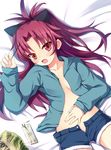  :o blush bow collarbone denim denim_shorts fang food hair_bow hood hooded_jacket jacket long_hair lying mahou_shoujo_madoka_magica no_bra on_back open_mouth pocky ponytail red_eyes red_hair safi sakura_kyouko short_shorts shorts sleeves_past_wrists solo unbuttoned 