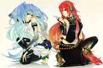 aqua_eyes aqua_hair bad_id bad_pixiv_id bare_shoulders barefoot boots bridal_gauntlets elbow_gloves fingerless_gloves gloves hatsune_miku hatsune_miku_(append) headphones jewelry long_hair megurine_luka multiple_girls navel_piercing necktie one_eye_closed piercing pink_hair shiny shiny_clothes shinya_ten smile thighhighs toe_ring toeless_legwear twintails very_long_hair vocaloid vocaloid_append 
