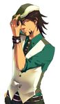  adjusting_clothes adjusting_hat belt bracelet breakaway brown_eyes brown_hair cabbie_hat facial_hair hand_on_hip hat highres jewelry kaburagi_t_kotetsu male_focus ring simple_background solo stubble tiger_&amp;_bunny vest waistcoat watch wedding_band white_background wristwatch 