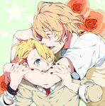  bad_id bad_pixiv_id blonde_hair closed_eyes floral_background flower hug kurusu_shou male_focus multiple_boys nail_polish necktie open_mouth rose school_uniform shinomiya_natsuki star sweater_vest teeth uta_no_prince-sama yuzumame 