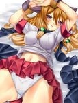  animal_ears arcana_heart arcana_heart_2 arms_up bad_id bad_pixiv_id bangle benimaru blonde_hair blush bracelet breasts impossible_clothes impossible_shirt inuwaka_akane jewelry long_hair looking_at_viewer lying medium_breasts miniskirt navel on_back panties pleated_skirt purple_eyes red_skirt shirt shirt_lift skirt skirt_lift solo underwear white_panties 