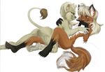  breasts canine couple feline female fox lazzydragon lesbian lion looking_at_each_other nude plain_background pussy white_background 