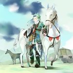  bad_id bad_pixiv_id braid feathers gradient_hair green_hair horse kawwa male_focus multicolored_hair original sheep solo tent 