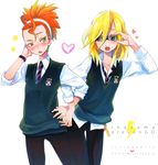  :3 adjusting_eyewear blonde_hair blue_eyes blush copyright_name glasses green_eyes headband heart inazuma_eleven inazuma_eleven_(series) inazuma_eleven_go kita_ichiban locked_arms long_hair multiple_boys nishinosora_yoichi open_mouth orange_hair ponytail short_hair smile soccer_uniform sportswear suemitsu_dicca sweater_vest 