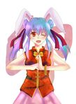  alternate_costume alternate_hairstyle animal_ears bad_id bad_pixiv_id bunny_ears chinese_clothes double_bun fang highres one_eye_closed pakapom palm-fist_greeting purple_hair red_eyes reisen_udongein_inaba solo touhou 