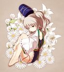  barefoot blueberry_(5959) bow dress expressionless feet fetal_position floral_background flower grey_background grey_hair hat highres japanese_clothes leg_hug mononobe_no_futo ponytail silver_hair solo tate_eboshi touhou yellow_eyes 