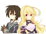  1girl bear_(artist) black_hair blonde_hair brown_eyes gloves jude_mathis long_hair milla_maxwell purple_eyes smile tales_of_(series) tales_of_xillia 