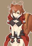  animal_ears antenna_hair belt blazblue breasts brown_eyes brown_hair cleavage cleavage_cutout cosplay fingerless_gloves gloves jacket kiyosi large_breasts makoto_nanaya midriff navel ragna_the_bloodedge ragna_the_bloodedge_(cosplay) shorts smile solo squirrel_ears squirrel_tail tail underboob 