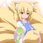  aiming_at_viewer animal_ears blonde_hair blush brush dress fox_ears fox_tail fueiku hair_brush holding_own_tail looking_at_viewer multiple_tails no_hat no_headwear outstretched_hand short_hair smile solo tabard tail touhou upper_body white_dress yakumo_ran yellow_eyes 