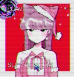  1girl animal_ears black_eyes black_hair box cat_ears christmas earrings gift gift_box jewelry komi-san_wa_komyushou_desu komi_shouko kumaartsu long_hair looking_back nannachi santa_costume vaporwave 