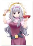  belt bowl chopsticks food hairband idolmaster idolmaster_(classic) kamaboko long_hair mamezou meat narutomaki noodles purple_eyes ramen shijou_takane shiny silver_hair simple_background solo sparkle watch white_background wristwatch 