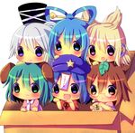  :3 alcohol animal_ears beret biting blonde_hair blue_eyes blue_hair blush bottle box brown_eyes brown_hair chibi chocolat_(momoiro_piano) earmuffs futatsuiwa_mamizou glasses green_eyes green_hair hair_rings hand_on_head hat head_biting in_box in_container jiangshi kaku_seiga kasodani_kyouko leaf leaf_on_head miyako_yoshika mononobe_no_futo multiple_girls ofuda open_mouth outstretched_arms purple_hair sake silver_hair smile star ten_desires touhou toyosatomimi_no_miko zombie_pose 