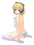  ass bangs bare_arms bare_shoulders bikini blonde_hair blue_eyes butt_crack dasoku_sentarou eyebrows_visible_through_hair from_side headphones looking_at_viewer looking_to_the_side original short_hair simple_background sitting solo string_bikini striped striped_bikini swimsuit thighhighs untied wariza white_background white_legwear 