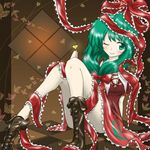  blush boots breasts cleavage cross-laced_footwear frills front_ponytail green_eyes green_hair kagiyama_hina lace-up_boots leaf long_hair nobamo_pieruda one_eye_closed ribbon shoe_dangle sitting small_breasts smile solo touhou 