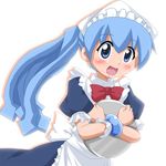  alternate_hairstyle blue_eyes blue_hair ikamusume long_hair maid ponytail shinryaku!_ikamusume shishinon solo tray 