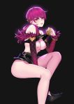  1girl bare_shoulders black_background blush breasts claws detached_sleeves evelynn flashing fur_trim hair_ornament headphones high_heels highres k/da_(league_of_legends) k/da_evelynn league_of_legends lifted_by_self medium_breasts nipples no_panties parted_lips pd_(pdpdlv1) purple_hair side_ponytail simple_background sitting skirt solo yellow_eyes 