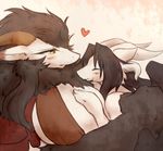  &hearts; big_breasts black_hair blush breasts cleavage cuddling dragon eyes_closed female hair horn huge_breasts kumainu lesbian lying size_difference 