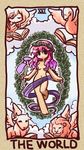  blush_stickers book bull censored cloud convenient_censoring gradient_hair hair_over_breasts ikkyuu lion lowres multicolored_hair multiple_girls navel nude original pink_hair purple_hair tarot the_world_(tarot_card) wings wreath 