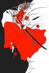  barefoot blackjoe closed_eyes flower full_body horn katana konngara monochrome no_mouth pearl ponytail profile solo spot_color standing standing_on_one_leg sword touhou touhou_(pc-98) weapon wide_sleeves 