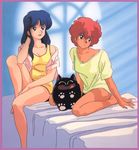  80s artist_request blue_eyes blue_hair breasts cleavage dark_skin dirty_pair kei_(dirty_pair) long_hair mughi multiple_girls official_art oldschool red_hair short_hair yuri_(dirty_pair) 