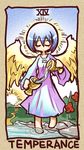  angel barefoot blue_hair blush_stickers closed_eyes cup flower ikkyuu lowres original pouring solo sun tarot temperance_(tarot_card) water wings 