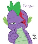  2011 blood dragon english_text friendship_is_magic male my_little_pony plain_background scalie scar solo spike_(mlp) text 