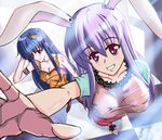  animal_ears bad_id bad_pixiv_id blue_hair blush breasts bunny_ears casual cleavage grin highres hinanawi_tenshi large_breasts long_hair multiple_girls pakapom purple_hair red_eyes reisen_udongein_inaba shirt smile taut_clothes taut_shirt touhou 