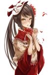  black_hair flower fox_mask hair_flower hair_ornament lace long_hair looking_at_viewer mask nanarinca original petals ponytail shawl simple_background solo spider_lily very_long_hair white_background yellow_eyes 