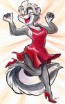  breasts cleavage clothed clothing dancing dingbat dress eyes_closed female hair happy high_heels mammal open_mouth piercing plain_background plantigrade skunk solo white_background white_hair 