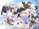  6+girls agahari animal_ears black_legwear carrying charlotte_e_yeager closed_eyes cup eila_ilmatar_juutilainen erica_hartmann everyone flying_sweatdrops francesca_lucchini gertrud_barkhorn hand_on_another's_cheek hand_on_another's_face hug lynette_bishop minna-dietlinde_wilcke miyafuji_yoshika multiple_girls open_mouth pantyhose perrine_h_clostermann sakamoto_mio sanya_v_litvyak shoulder_carry smile strike_witches striped striped_legwear tail teacup thighhighs world_witches_series 