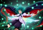  antennae blush cape danmaku green_eyes green_hair imperishable_night lights madara_inosuke one_eye_closed open_mouth outstretched_arms shirt short_hair shorts smile solo touhou wings wriggle_nightbug 