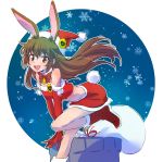  1girl animal_ears bell brown_eyes brown_hair bunny_ears bunny_girl bunny_tail dress fur_trim hat highres iesupa long_hair red_dress rwby sack santa_costume santa_hat solo tail velvet_scarlatina 