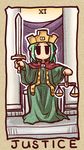  balance_scale blush_stickers crown green_hair ikkyuu justice_(tarot_card) lowres original robe sitting solo sword tarot weapon weighing_scale 