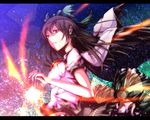  bad_id bad_pixiv_id black_hair black_wings bow brown_hair cape energy_ball hair_bow highres letterboxed long_hair mizuki_(ekakichan) radiation_symbol red_eyes reiuji_utsuho shirt skirt solo third_eye touhou upper_body wings 