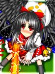  arm_cannon black_hair blush hair_ribbon kazetto red_eyes reiuji_utsuho ribbon santa_costume solo sweatdrop touhou weapon wings 
