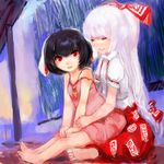  animal_ears bad_id bad_pixiv_id barefoot black_hair bunny_ears feet fujiwara_no_mokou highres inaba_tewi jewelry maccha_cocoa_(mococo) multiple_girls necklace red_eyes sitting sitting_on_lap sitting_on_person strap_slip touhou white_hair 