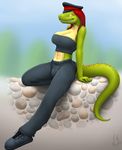  anthro big_breasts breasts bulge chloe chloe_(chloe.hydraconis) cleavage clothed clothing dickgirl female hair hat intersex midriff navel pants pinup pose red_hair scalie shirt shoes sitting solo tank_top tattoo vader-san wall 