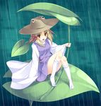  blonde_hair hair_ribbon hat leaf_umbrella long_sleeves moriya_suwako open_mouth rain ribbon rozea_(graphmelt) shirt sitting sitting_on_object smile solo touhou wide_sleeves yellow_eyes 