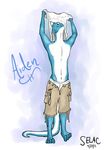  aiden_(character) arms_over_head blue clothing horn lanyard male reptile scalie selac_(artist) shirt shorts simple_background underwear undressing 