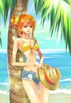  bikini_top breasts cleavage cutoffs earrings front-tie_top hat hat_removed headwear_removed highres himerinco jewelry large_breasts lips midriff nami_(one_piece) narrow_waist navel one_piece open_fly orange_hair palm_tree short_hair short_shorts shorts skinny solo straw_hat tree unzipped 
