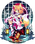  animal_ears blonde_hair flower fox_ears fox_mask fox_tail geta green_eyes hair_flower hair_ornament japanese_clothes lantern mask original platform_footwear shirokitsune sitting solo tabi tail umbrella water wooden_lantern 