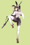  1girl absurdres adapted_costume black_hair breasts bunnysuit capelet cleavage commentary double_bun fate/grand_order fate_(series) green_eyes hiememiko highres large_breasts naginata polearm qin_liangyu_(fate) thighhighs weapon white_legwear 