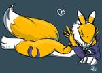  &hearts; &lt;3 ambiguous_gender bilkaya blue_eyes canine cute digimon fox fur gloves lying mammal renamon safe solo white_fur yellow_fur 