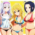  ahoge bare_shoulders bikini blonde_hair blue_hair blush breasts cleavage front-tie_top green_eyes hairband halterneck hand_on_hip hoshii_miki idolmaster idolmaster_(classic) laco_soregashi large_breasts long_hair midriff miura_azusa multiple_girls navel o-ring o-ring_top open_mouth pink_eyes red_eyes shijou_takane short_hair side-tie_bikini silver_hair smile swimsuit underboob 