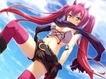  android belt cloud day dutch_angle from_below game_cg green_eyes highres lens_flare long_hair looking_down midriff mio_(otomimi_infinity) navel no_bra otomimi_infinity pink_legwear red_hair robot_joints scarf short_shorts shorts sky solo thighhighs twintails yasaka_minato 