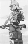  animal_ears ass backpack bag bunny_ears canteen fundoshi glasses gloves greyscale ground_vehicle gun hat highres japanese_clothes kitano_furuko mess_kit military military_vehicle mirror monochrome motor_vehicle nogami_takeshi rifle sepia solo striker_unit tank type_97_chi-ha weapon world_witches_series 